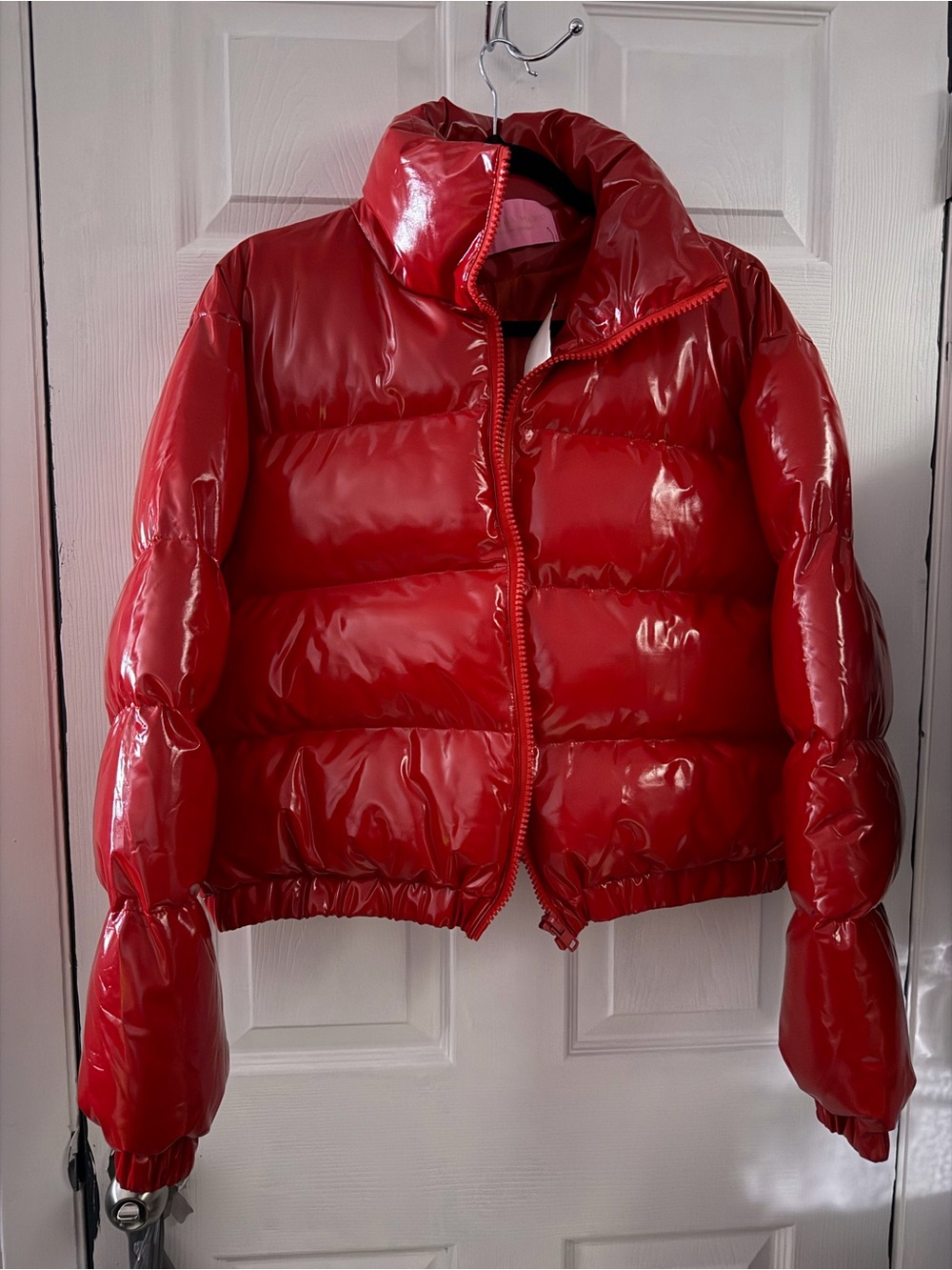 AKIRA Shiny Red Cropped Puffer Jacket